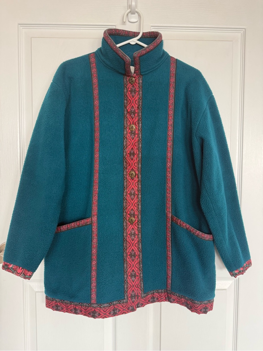Teal Fleece Jacket with Red Trim - Women's Cozy Coat